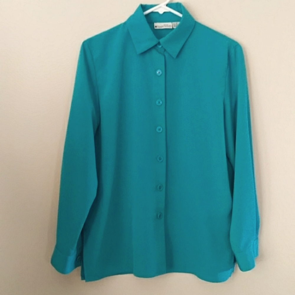 Appleseed's Petite Button Down Blouse Shirt 6 Petite Green - Picture 4 of 13